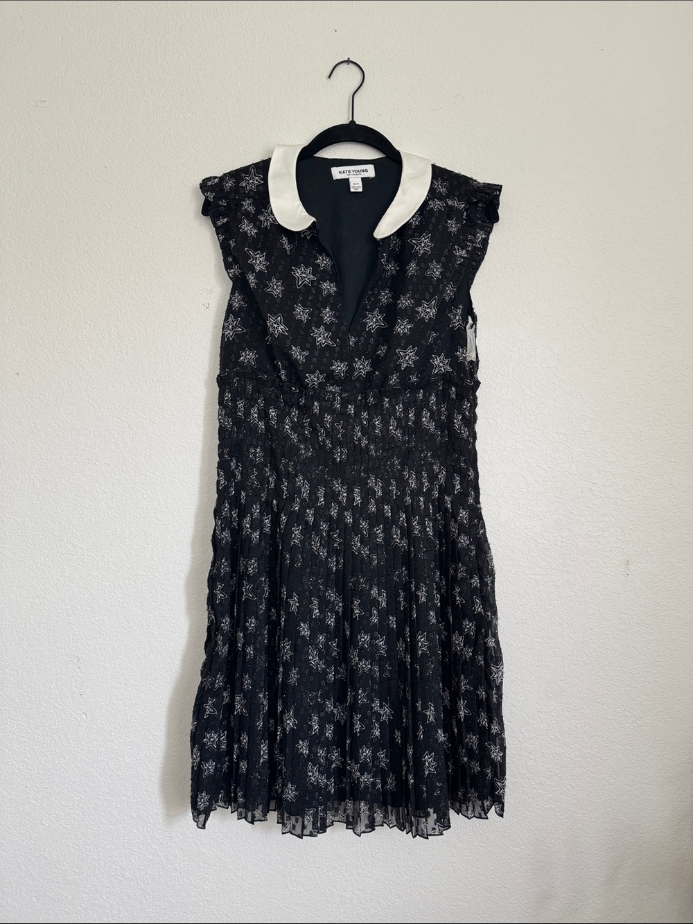Kate Young for Target Black Star Print Pleated Dress with White Collar NWOT